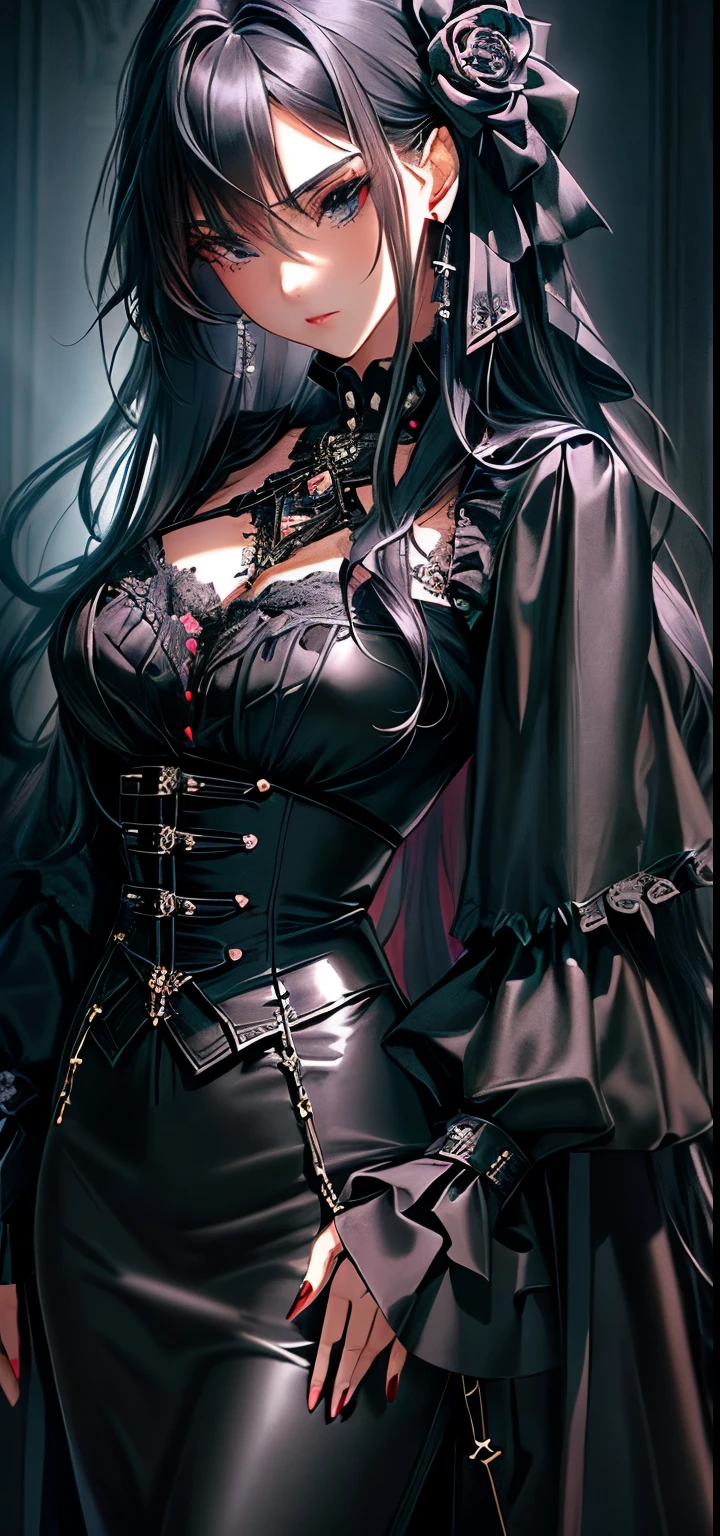 a close up of a woman in a black dress with long hair, ((black hair:1.0)), gothic maiden anime girl, anime girl wearing a black dress, 17 - year - old anime goth girl, steampunk beautiful anime woman, gothic aesthetic, fine details. anime, beautiful alluring anime woman, an elegant gothic princess, gothic outfit, very detailed and rich clothing, victorian goth, gothic!!
