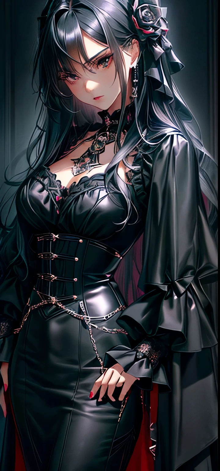 a close up of a woman in a black dress with long hair, ((black hair:1.0)), gothic maiden anime girl, anime girl wearing a black dress, 17 - year - old anime goth girl, steampunk beautiful anime woman, gothic aesthetic, fine details. anime, beautiful alluring anime woman, an elegant gothic princess, gothic outfit, very detailed and rich clothing, victorian goth, gothic!!