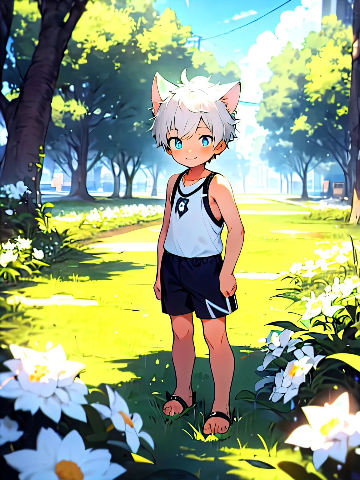 three quarter view，Shota，Black and white hair，ddlers，Blue eyes，cat ear ，cat tails， Cutes， to stand， Master masterpieces， high resolucion，8K，detailedbackground，highly quality，Libido boy，solo，shortpants，grass field，White flowers，Happy expression，