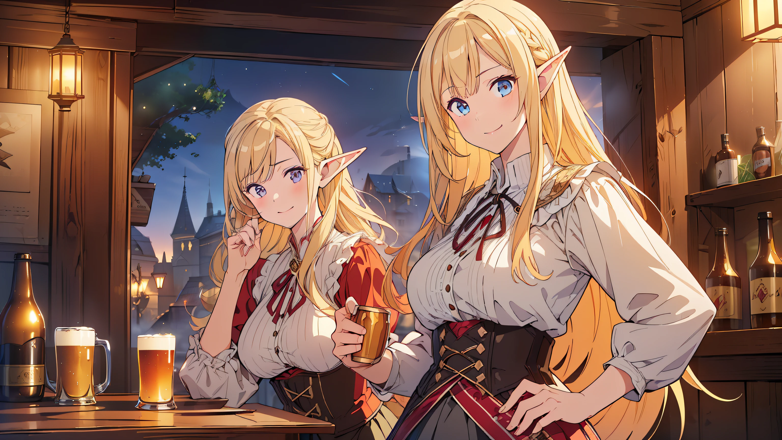 ((Top quality, 4k, 8k, high resolution, masterpiece: 1.2))), (super detailed), (realistic), (photorealistic), (photorealistic: 1.37), (HDR, UHD), (studio (lighting), ultra-fine drawing, sharp focus, physically based rendering, highly detailed, professional, vibrant colors, fantasy, medieval europe, tavern, old tavern in the countryside, seating, (((night))), (((dim))), medieval clothing, citizen's rags, long skirt, smile, girl clerk made of wood carrying beer mugs in both hands, long hair, blonde, elf, pointed ears,