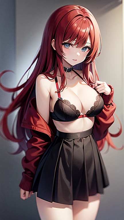 An anime girl with red hair and blue eyes wearing a skirt and an open shirt revealing a black and red bra