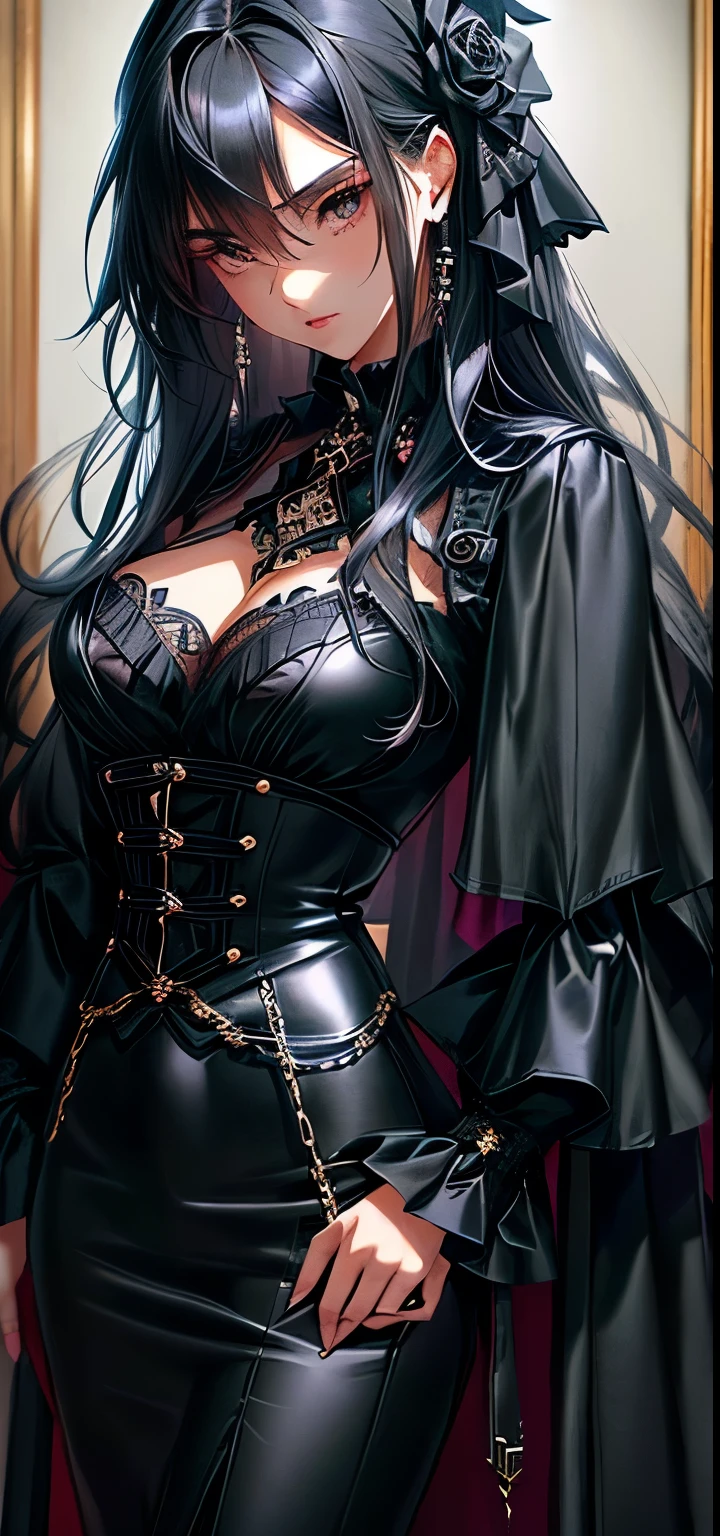 a close up of a woman in a black dress with long hair, ((black hair:1.0)), gothic maiden anime girl, anime girl wearing a black dress, 17 - year - old anime goth girl, steampunk beautiful anime woman, gothic aesthetic, fine details. anime, beautiful alluring anime woman, an elegant gothic princess, gothic outfit, very detailed and rich clothing, victorian goth, gothic!!