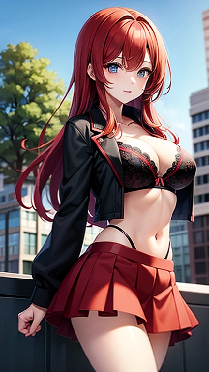 An anime girl with red hair and blue eyes wearing a skirt and an open shirt revealing a black and red bra