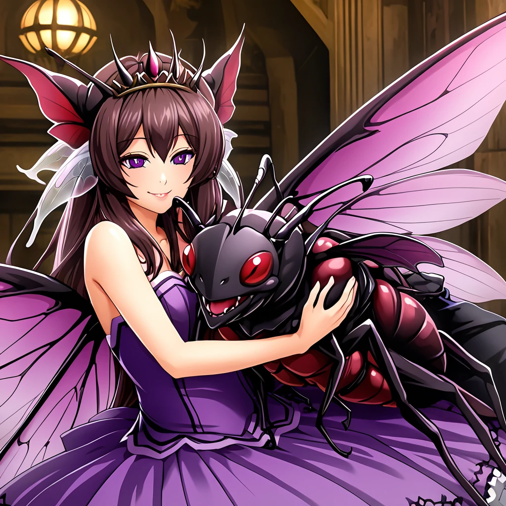 ((highest quality)), ((masterpiece)), (detailed), （Perfect Face）、（The woman was Marina Katsuragi, a purple fly demon with medium-long brown hair, a deformed fly demon similar to Beelzebub, the demon king of flies, with fly antennae and four transparent fly wings growing from her back, fly-like body hair growing from her, and a fly-decorated engagement ring on her arm.２She is carried in the princess carry position by Beelzebub, the great demon king of flies, who has a book and four thin fly-like arms, and is loved by him while he gives her deep kisses.）、She became the wife of the Demon King of flies and became a demon of flies with a smile, and gained the same fly antennae and transparent eyes as the Demon King.４The body of the fly is purple with black borders.々The stinging like that of a dead fly々The woman is wearing a cute devil dress, a fly-themed tiara, fly earrings and other accessories all with a fly motif, and is carried in a princess carry by Beelzebub, the Demon King of the Flies. She smiles happily and hugs him and kisses him. She is loved and favored by Beelzebub, the Demon King of the Flies.、The man is Beelzebub, the monstrous demon king of flies, and caresses the woman, lifting her up in a princess carry, embracing her, rubbing her cheeks with him, kissing her and showing her affection.、（Demon King２He has one arm and four thin fly arms, and with those six arms he holds the woman tightly in a princess carry and kisses her deeply, pressing her against him.）