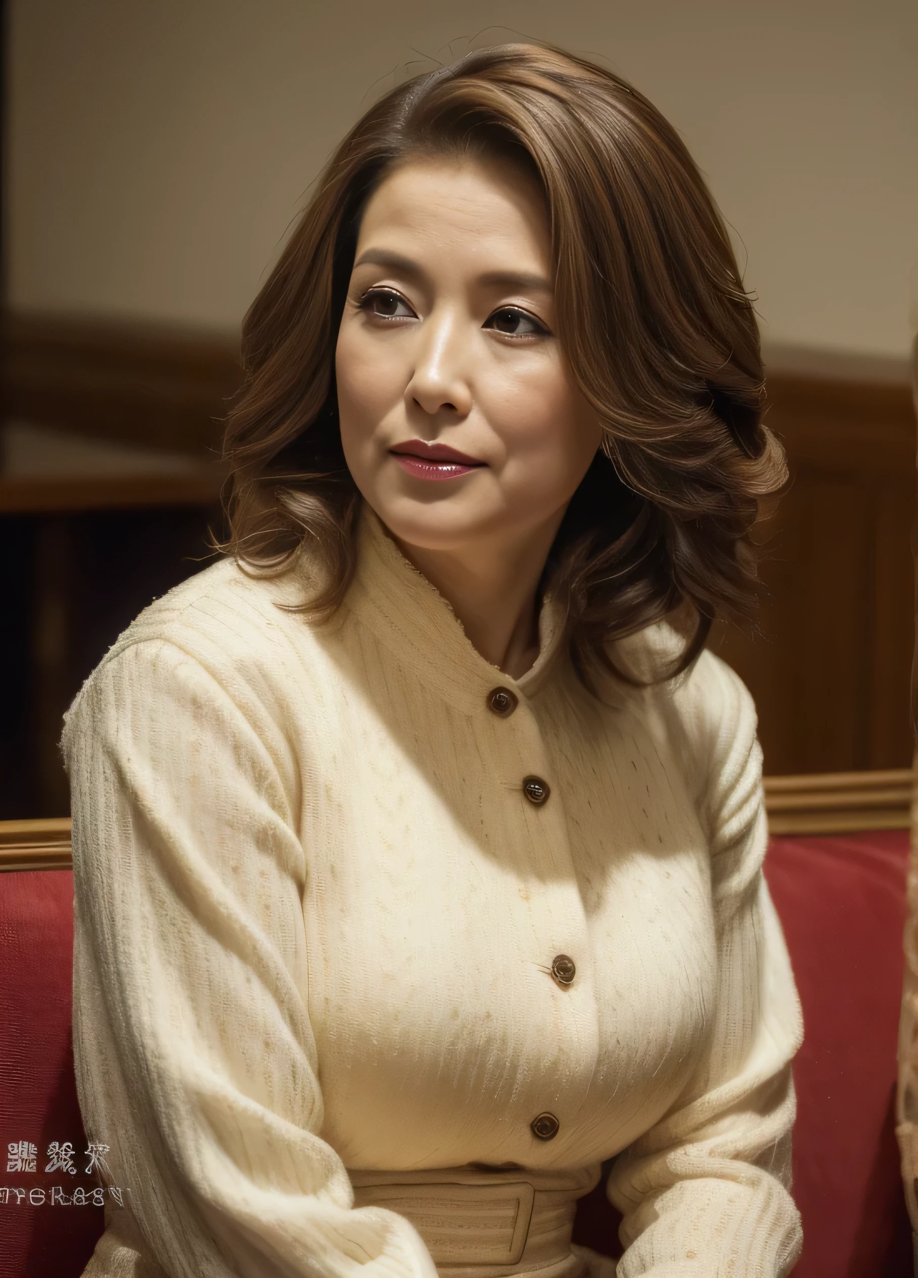 masterpiece,highest quality, (1 mature woman), ((Portraiture:1.5)), ((Looking down, Looking at the audience)), compensate, Elegant blouse, Wavy Hair, ((Open your mouth:0.4)),