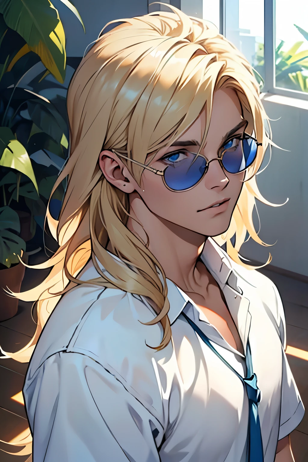 jovem de 20 anos, masculino, James, with her medium blond hair and light blue eyes covered by sunglasses, vestia um terno todo branco, ambiente sala de aula.