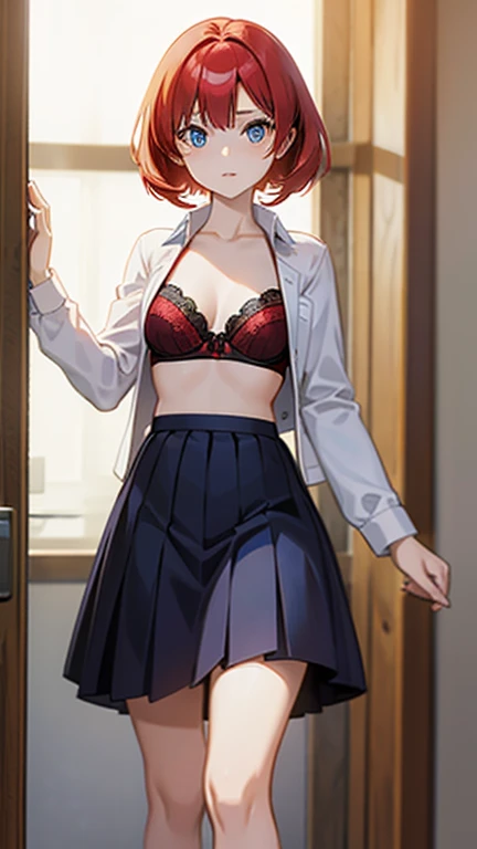 An anime girl with red hair and blue eyes wearing a skirt and an open shirt revealing a black and red bra
