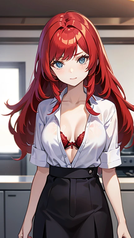 An anime girl with red hair and blue eyes wearing a skirt and an open shirt revealing a black and red bra