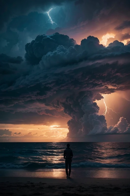 a young boy silhouetted against a sunset over an atoll island, a plush chick by his side, ominous storm clouds approaching, dramatic lightning in the sky, (best quality,4k,8k,highres,masterpiece:1.2),ultra-detailed,(realistic,photorealistic,photo-realistic:1.37),dramatic lighting,cinematic composition,breathtaking scenery,serene atmosphere,vibrant colors,moody sky,turbulent weather,detailed textures,intricate details