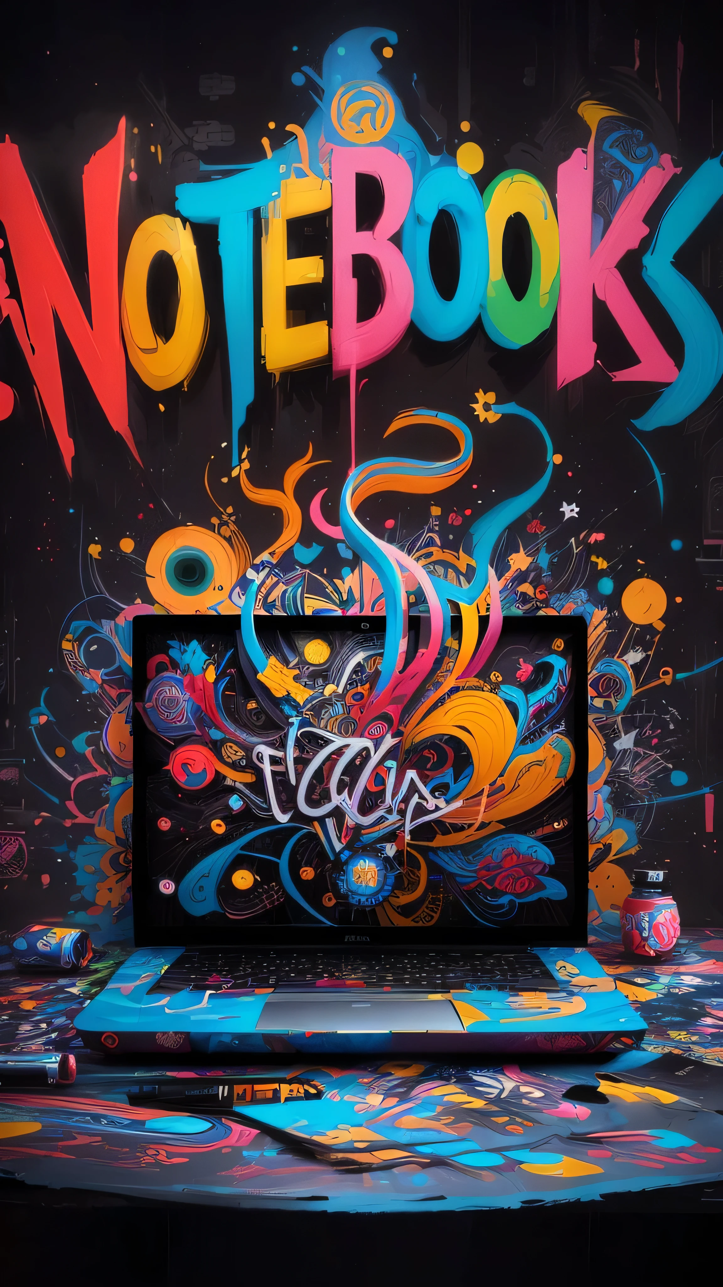 there is a laptop on a table with graffiti, Tristan Eaton's wallpaper, inspired por NEVERCREW, por NEVERCREW, arte digital colorida, amazing digital art, bold graphic graphite, arte digital colorida, hiperrealismo colorido, arte digital hiper colorida, pintura digital vibrante, Amazing home screen artwork, grafite colorido, pintura digital complexa, Tristan Eaton, caderno
