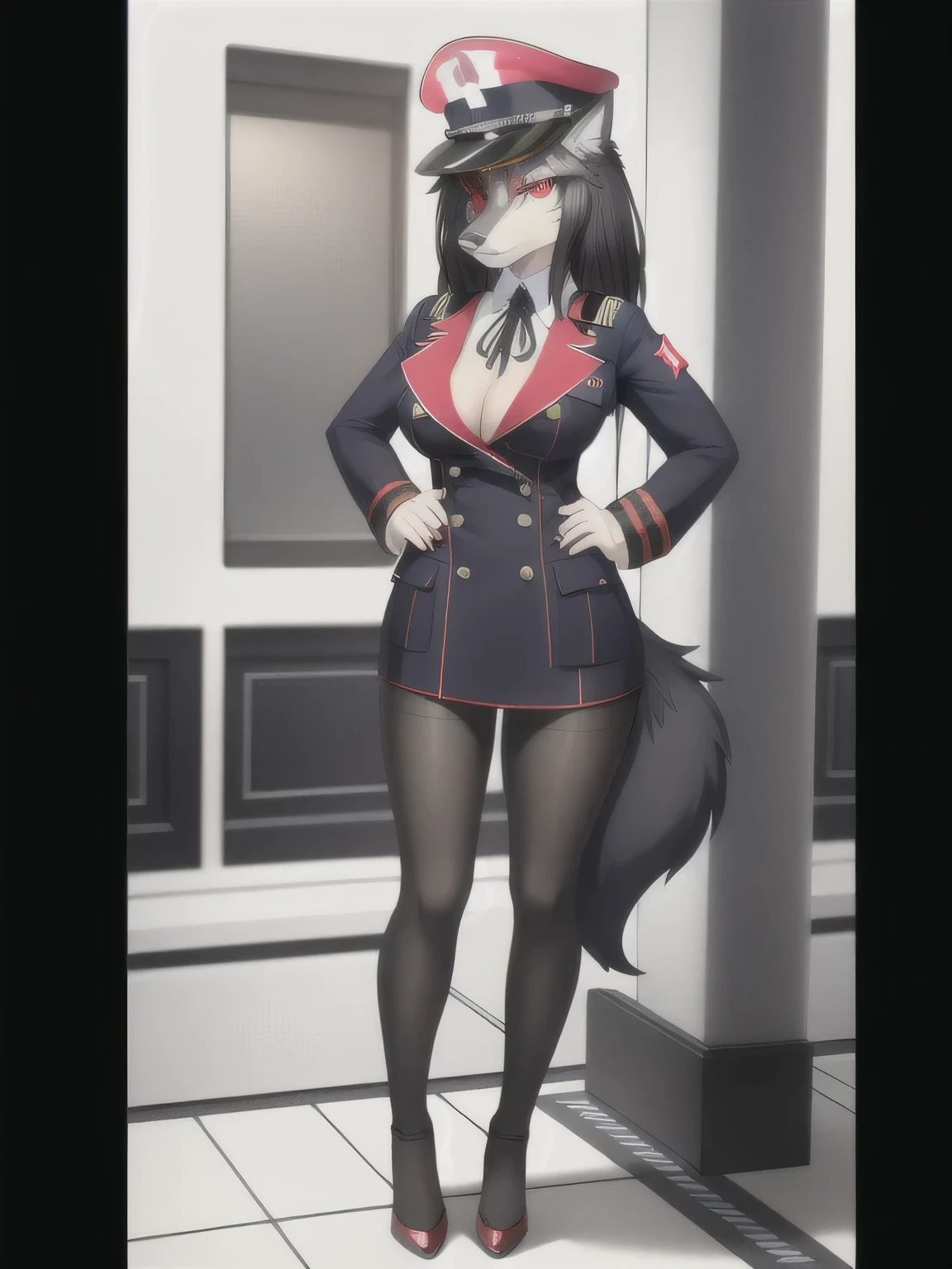 （tmasterpiece，best qualtiy），Altair， hairy female， 1girll， blood red eyes， wolf， sketching， Detailed fur skin，Military_Dress , Sharp focus， fluffly，Airforce_Base ， Two-tone fur， Your body soloes， blood red tail， black fur， 8K ， hairy female， 1girll， Animal_wolf ears， eletric， with light glowing， hair_One_eye， Looking_at_peeping at the viewer， blood red fur, black hair, Furry, Anthro, 1911_Pistol, airforce_uniform, service cap, full body, large breast, Blood_red_cross_tattoo_on_face