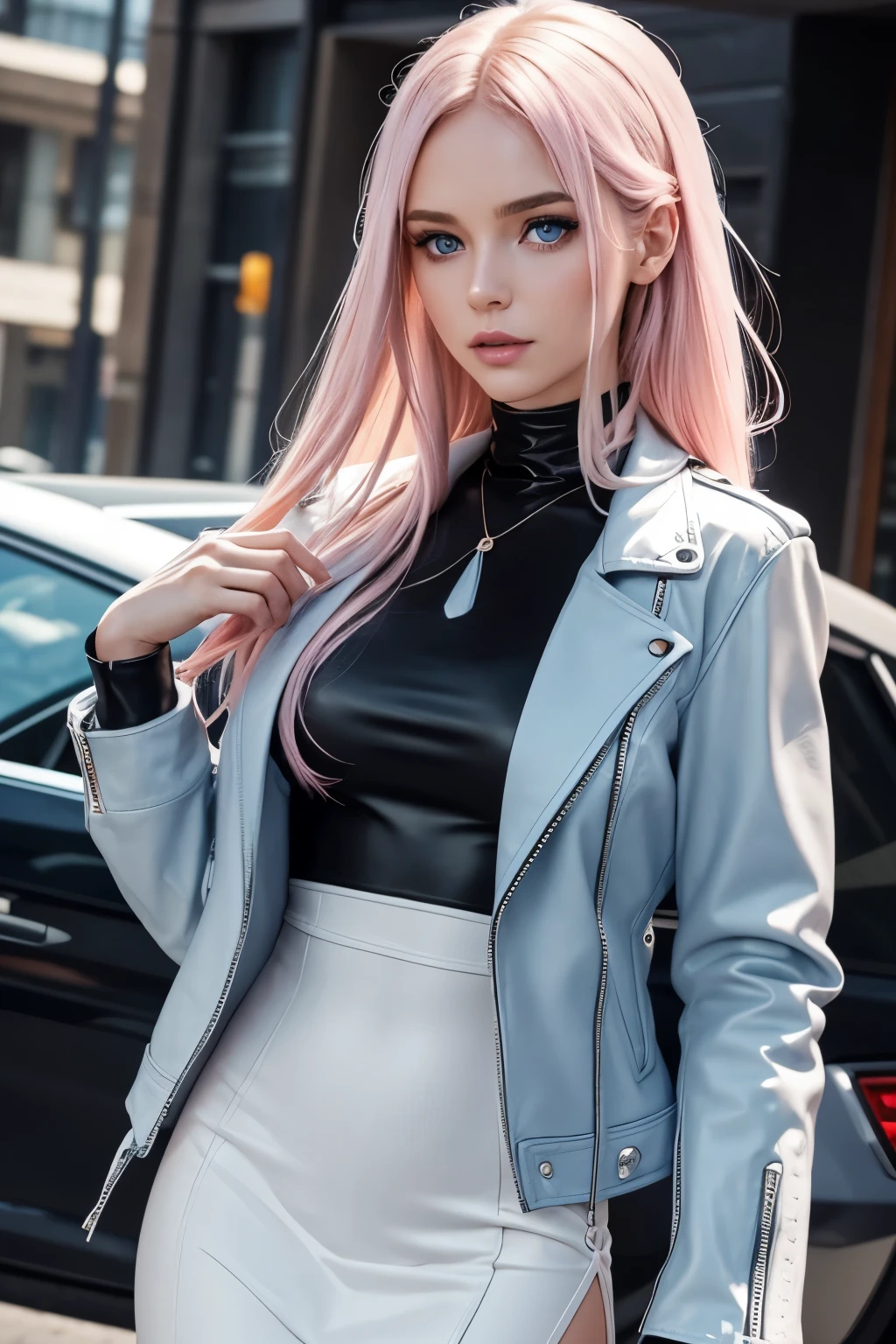 The new woman will have a soft and expressive face with large bright blue eyes, long and flowing hair in a pale pink tone with white highlights. She will wear a tight black dress that highlights her figure, accompanied by a modern leather jacket that adds a touch of rebellion and style. Underneath the dress, she will have a shirt with a loose tie, creating a sophisticated yet edgy look. With this combination, we have a visually striking and extremely beautiful woman that incorporates the best elements of the three original characters.