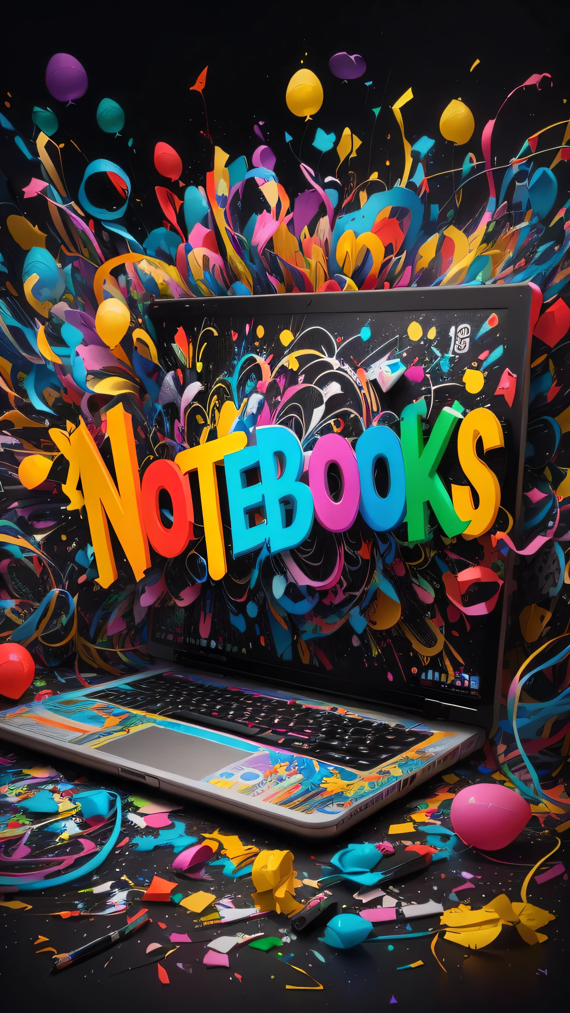 blurred image of a laptop with colorful balloons and confetti, caderno, cadernos, Papel de parede de Tristan Eaton, arte oficial, arte digital. quadrinhos coloridos, colourful arte digital, Epic 3D illustrations, promo art, foto de pacote, vibrant pintura digital, textura de graffiti 3 d, colorful editorial illustration, intricado pintura digital, cinema 4d colorful rendering, pintura digital | intricado