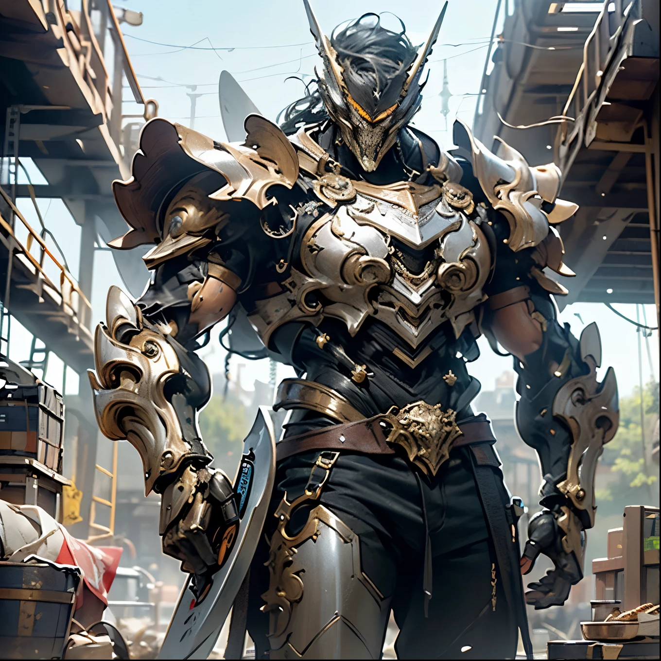 (8k, best quality, masterpiece:1.2),(1 Man:1.3),Mecha giant,Thick metallic hair,Mechanical Parts,(Designed based on the heroes of Greek mythology:1.3)+(Hercules:1.2),Glowing red circuits on the armor surface,Plenty of cooling exhaust vents,(Super huge mechanical limbs full of visual impact),[Intricate details｜Electroplated gold]Mechanical joints,Giant robot skeleton,(A life-sized battle axe:1.2)+(The axe is equipped with a huge thruster nozzle:1.3),masterpiece肖像, Extreme details, (character focus:1.4), Very detailed, 8K octane, HDR, Super detailed, best quality, best quality, Realistic lighting, Ultra Detailed