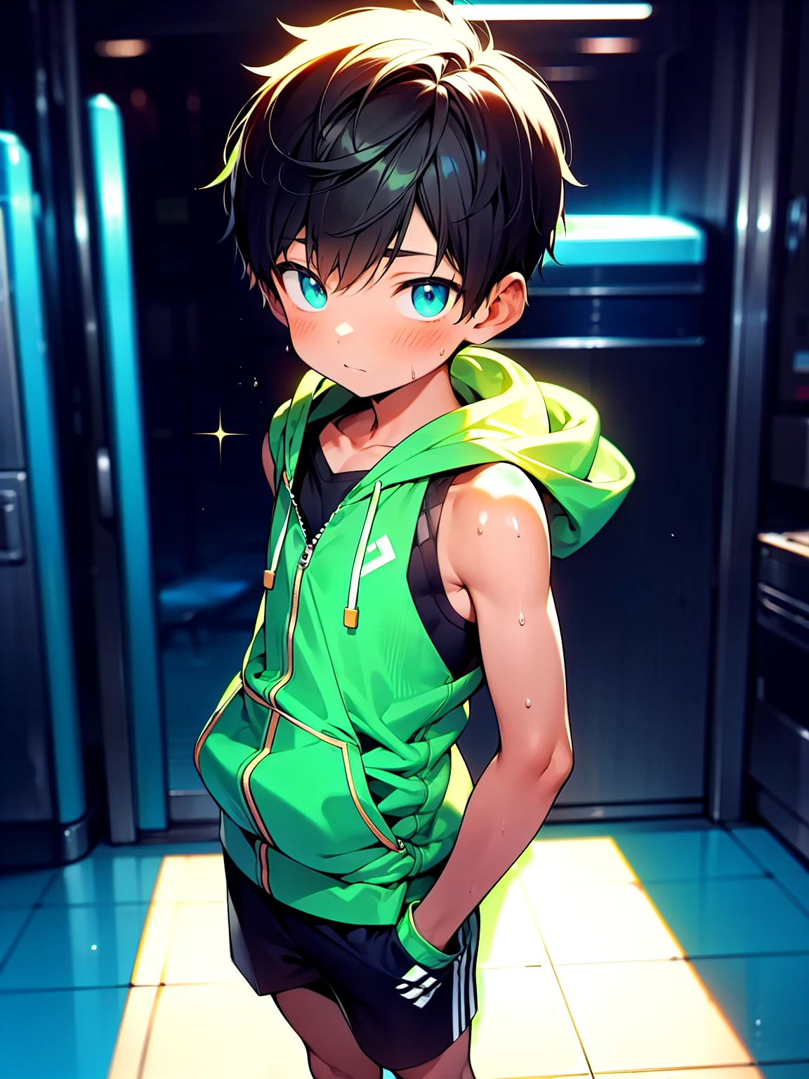 Highres, Masterpiece, Best quality at best,Best Quality,hight quality, hight detailed, 1boy, Shota, Green hoodie with cyan stripes, Wearing headset, The hoodie is sleeveless and has an open zipper, (very small and short stature), (very young boy), (very small and short body), -yeld bo School, Sweat, Uhd, 8k, depth field