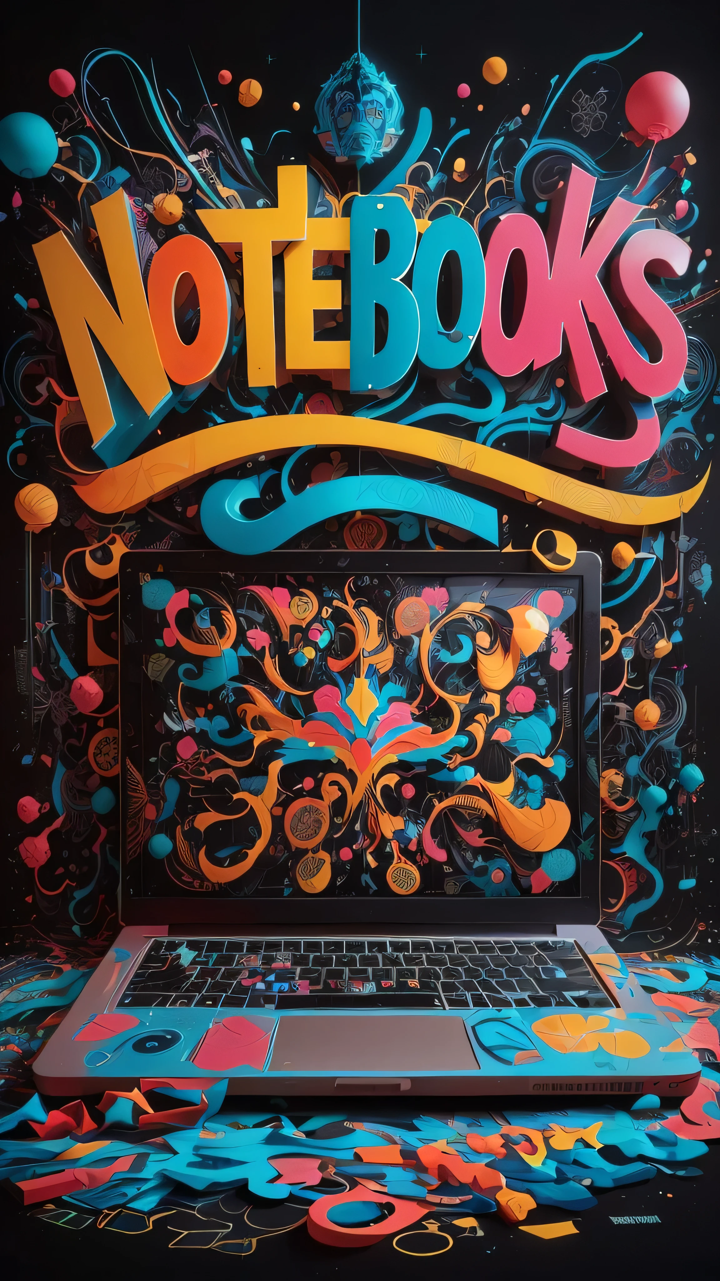 um close de um laptop com um design colorido na tela, inspired por NEVERCREW, just a joke, caderno, por NEVERCREW, Besouro colors, colorful hiperrealismo, Victo-Me e Tristan Eaton, Papel de parede de Tristan Eaton, cadernos, colorful editorial illustration, Epic 3D illustrations, Besouro. hiperrealismo, Besouro |