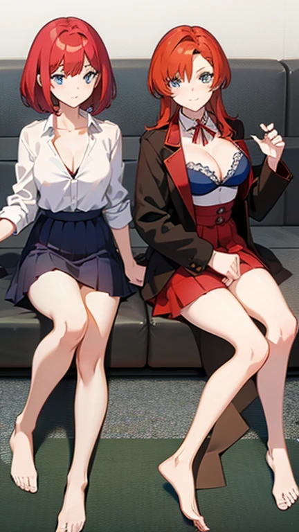 An anime girl with red hair and blue eyes wearing a skirt and an open shirt revealing a black and red bra