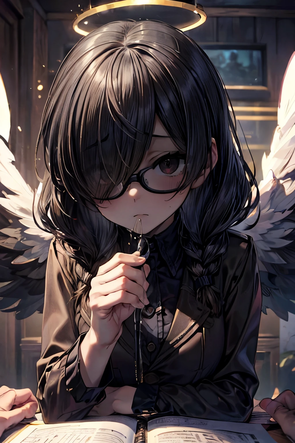 masterpiece, superfine illustration, best quality, 1girl, 1boy, pov, (handjob:1.5), chifuyuperson, (solo), (hair over eyes:1.3), glasses, (wings), angelic halo, cruel, serious, expressionless, emotionless, (very tired)