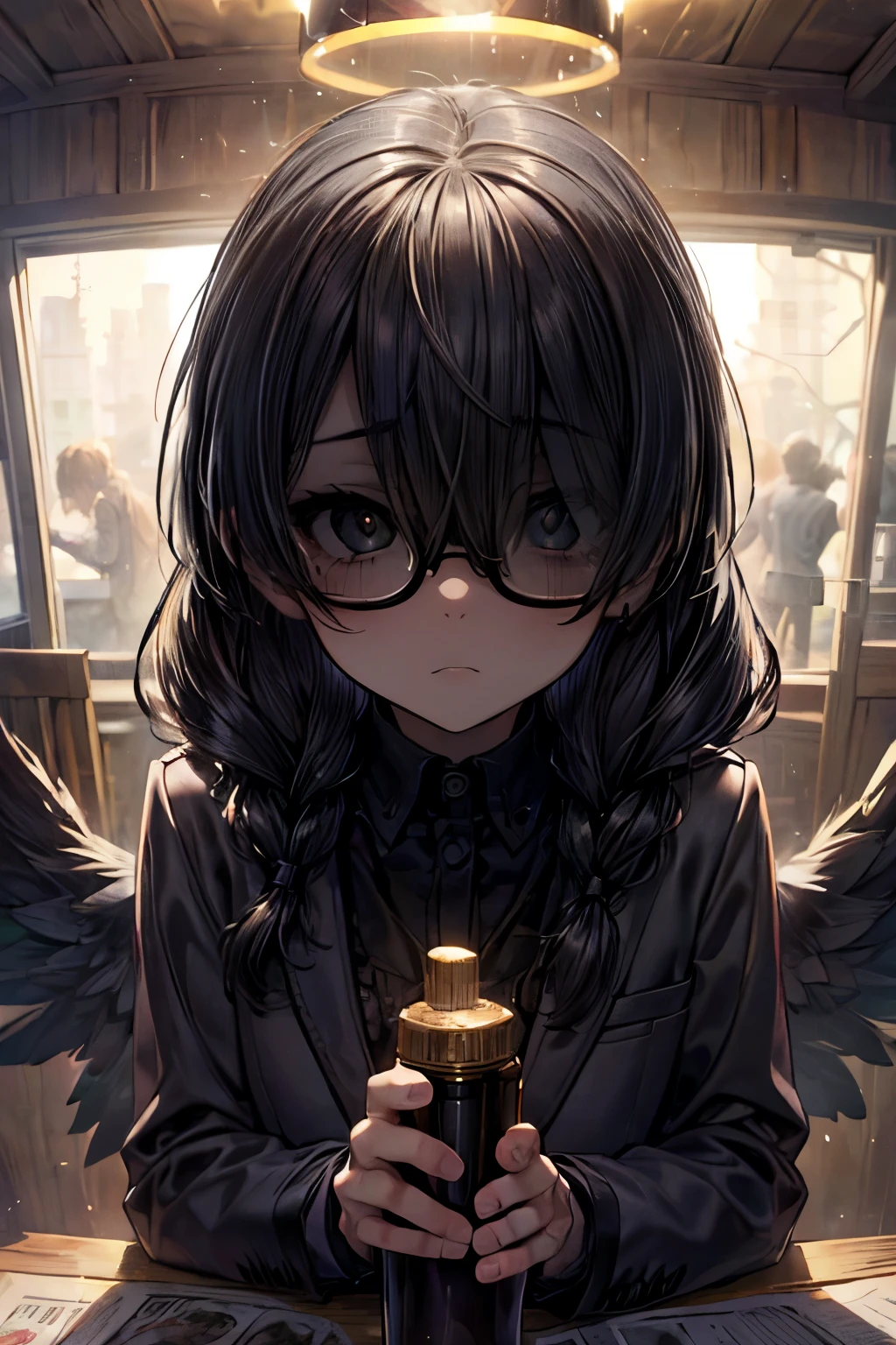 masterpiece, superfine illustration, best quality, 1girl, 1boy, pov, (handjob:1.5), chifuyuperson, (solo), (hair over eyes:1.3), glasses, (wings), angelic halo, cruel, serious, expressionless, emotionless, (very tired)