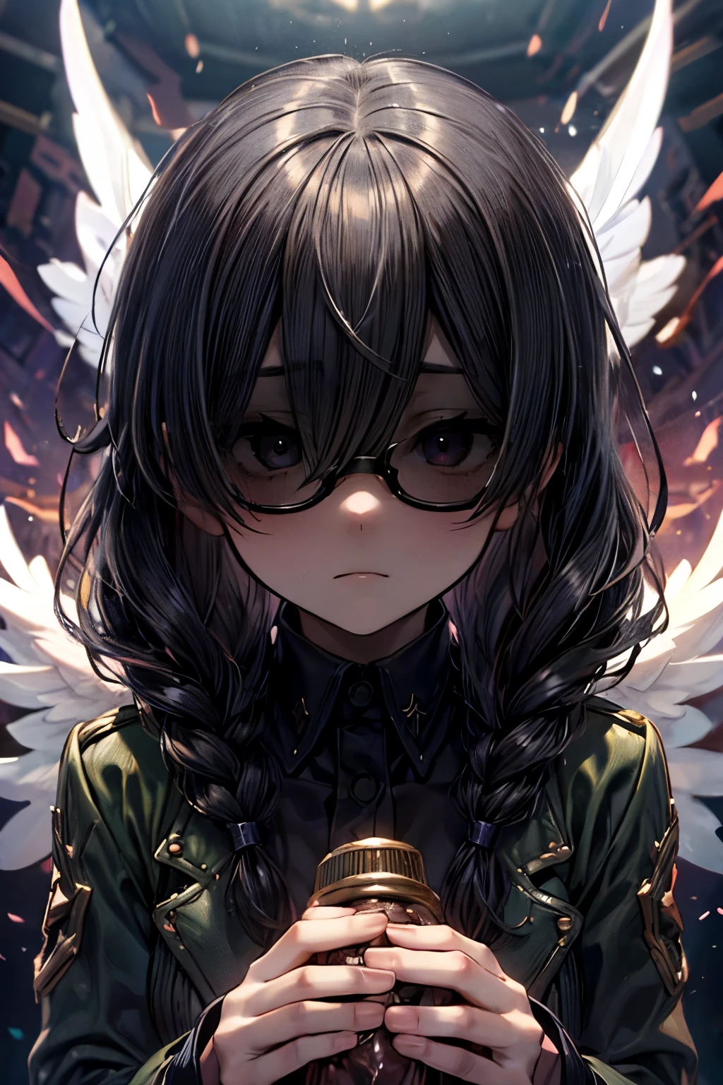 masterpiece, superfine illustration, best quality, 1girl, 1boy, pov, (handjob:1.5), chifuyuperson, (solo), (hair over eyes:1.3), glasses, (wings), angelic halo, cruel, serious, expressionless, emotionless, (very tired)