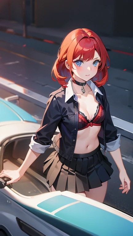 An anime girl with red hair and blue eyes wearing a skirt and an open shirt revealing a black and red bra