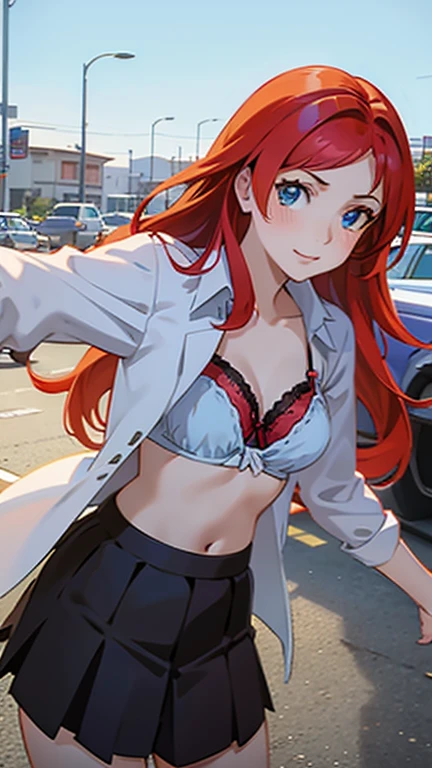 An anime girl with red hair and blue eyes wearing a skirt and an open shirt revealing a black and red bra