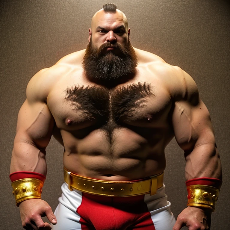 zangief,a man with a beard and a golden belt, fighting game character, street fighter 5,muscled humanoid,heavy looking,buff man,wrestler,Red short briefs,capcom,street fighter,shirtless,muscular male,chest hair,visually weighty,bearded man,mohawk hair,best quality