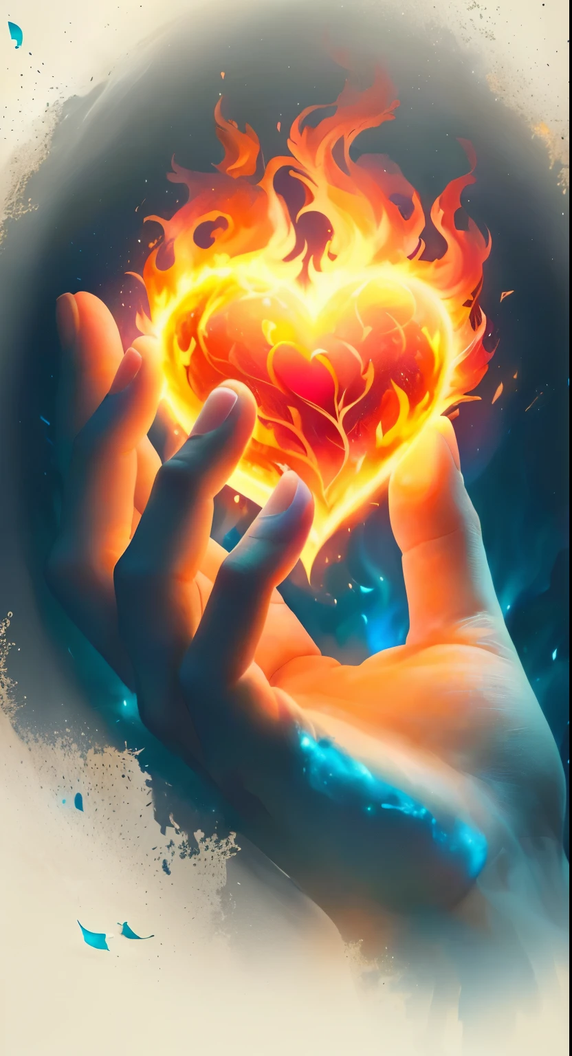 a person holding a heart with fire in their hands, Flaming Heart, magic heart, fire in the hand, por Jason Benjamin, holy fire spell art, inspirado em Cyril Rolando, por Jeanna Bauck, arte linda, por Matt Stewart, por Lena Alexander, imagem de avatar, emanando magia de suas palmas, por Juan O'Gorman, ❤🔥🍄🌪