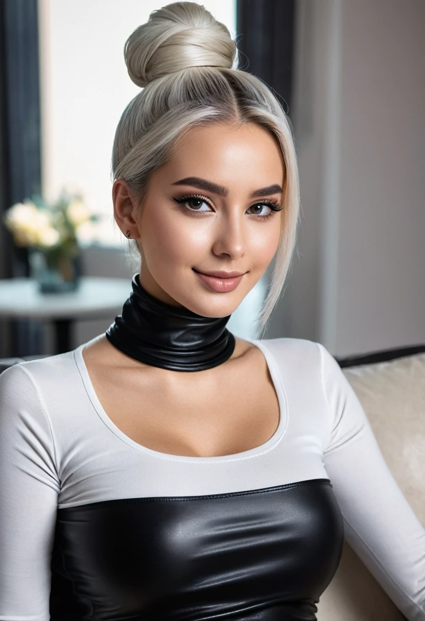 hyperrealistic beautiful busty 18-year-old women with long legs wearing bodycon leather turtleneck shirt and spandex leggins, model shooting full body photography, dyed white hair with classic bun, dark eye makeup with eyeliner, seductive smile, small necklace, 8K, Best quality, Meisterwerk, ultra high resolution, (Realismus: 1.4), Originalfoto, (realistische Hautstruktur: 1.3), (Filmkorn: 1.3), (Selfie-Winkel), 1 girl, Beautiful round hazel eyes and facial details, Meisterwerk, Best quality, relaxing on the couch