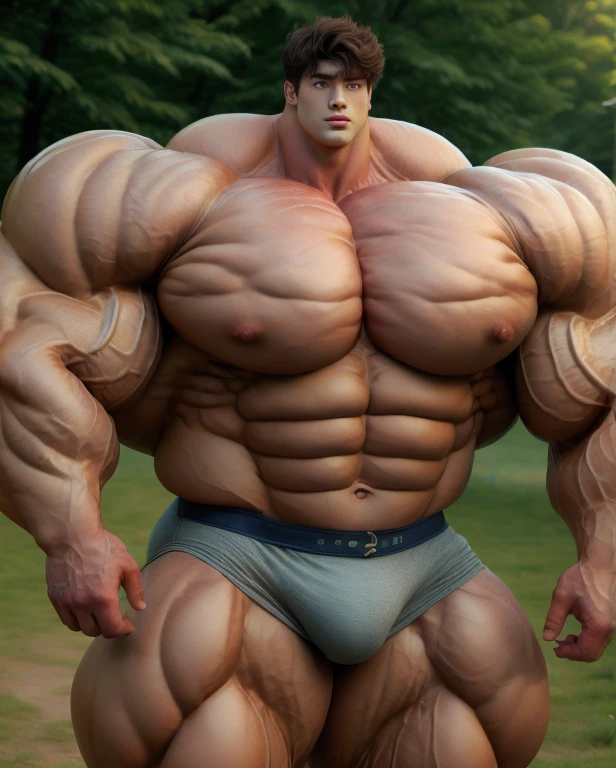 1 asian daddy, handsome, giant, buzz haircut, model shoot style, looking at camera, standing up, cool ambiance, outdoor, large dry meadows, strong body, bulk, naked, wear prominent bulge latex underwear, bulge, big, brutalmass, giant, muscular body, bulk, massive body, large meaty body size, brown skin, huge arms, ballooning meaty chests. Realistic, intricate detail