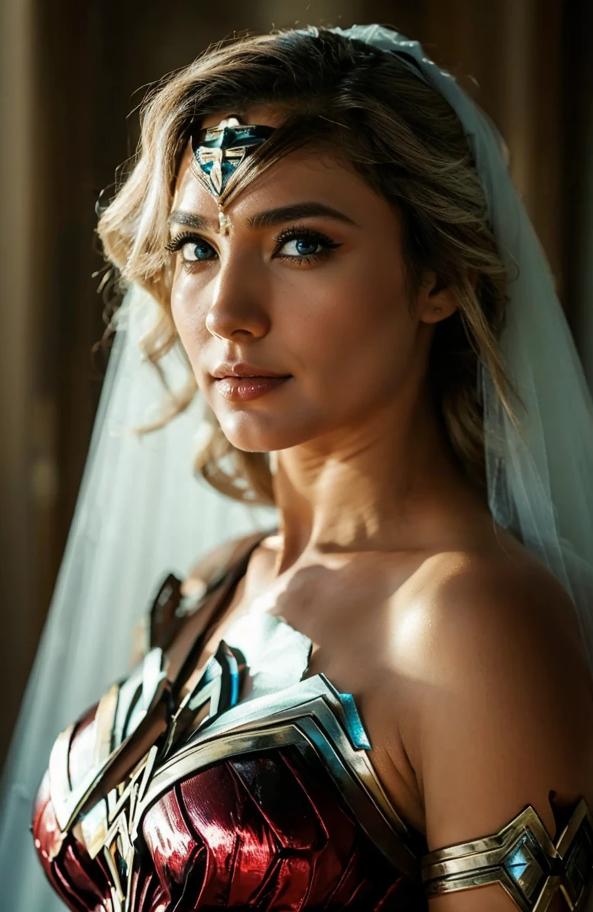 Mulher Maravilha, loira, com olhos azuis claros