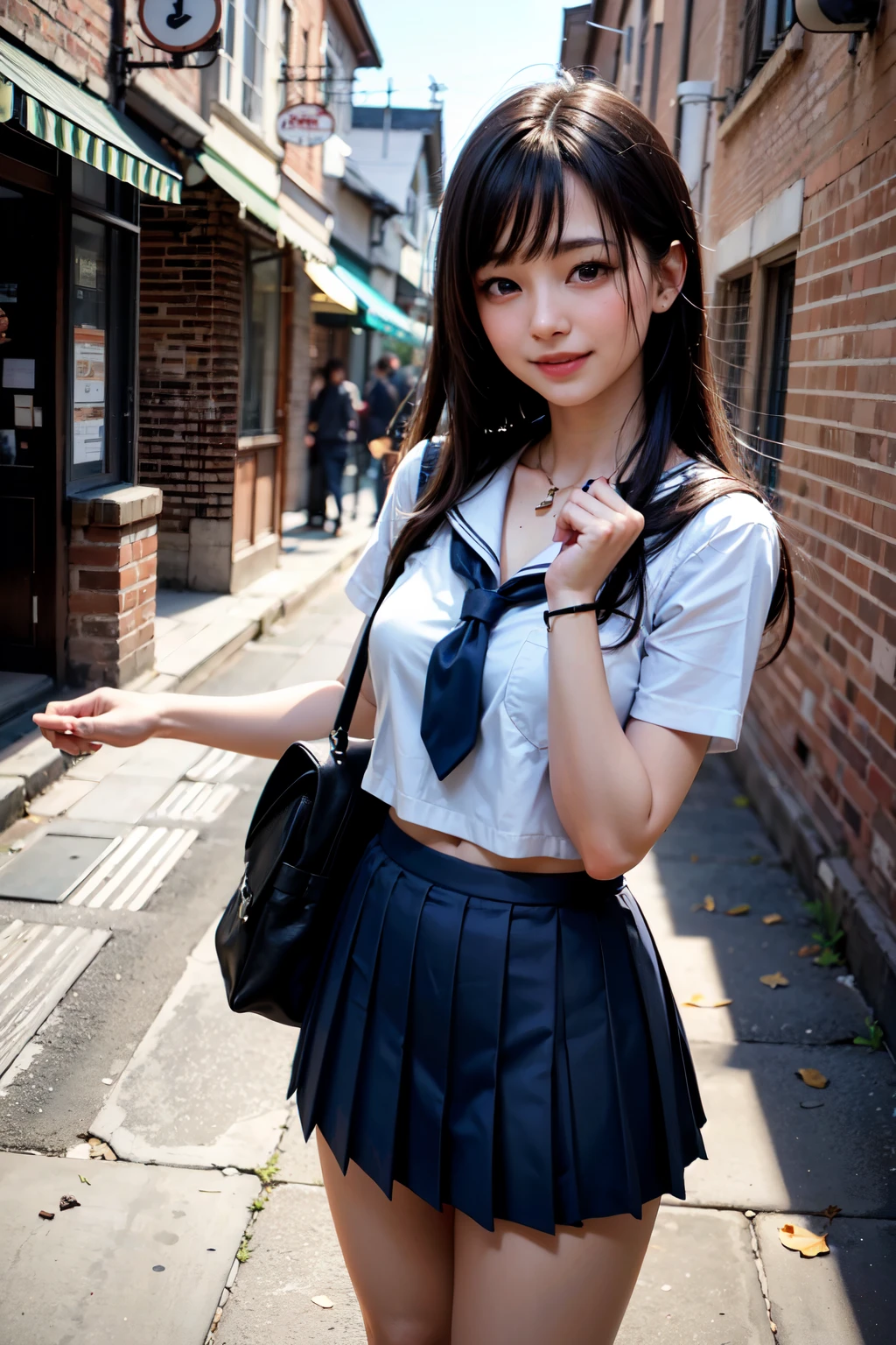 very cute and beautiful girl,(highly detailed beautiful face),(smile:1.2),blush,happy,looking at viewer,
black hair,serafuku,(pleated navyblue mini skirt),standing,holding school bag,
town street,front of brick wall,pink building,
(best quality,masterpiece),absurdres,highres,ultra-detailed,extremely detailed,32k,8k resolution,
intricate details,cinematic scene,detailed background,solo,dynamic angle,