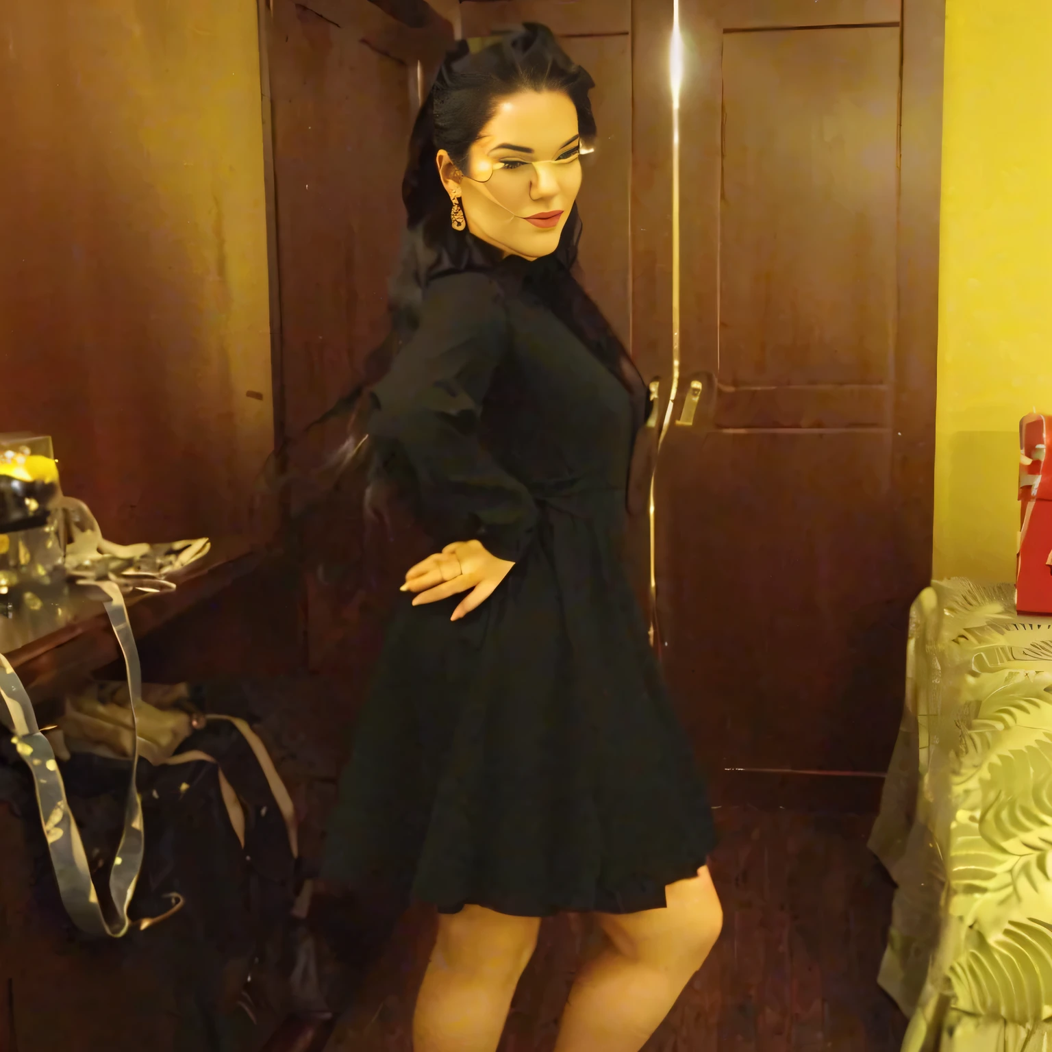 there is a woman standing in a room with a suitcase, wearing black dress, wearing a black dress, she is wearing a black dress, full pose, pose 1 of 1 6, full body length shot, full body wide shot, wearing a dark dress, doing a sassy pose, side pose, standing and posing elegantly, full body shot!!, posing!!