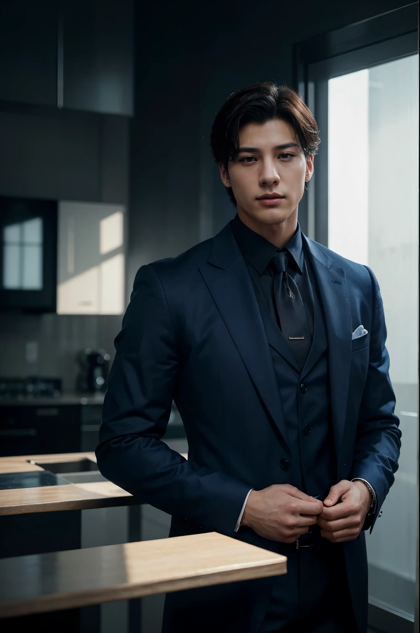 a handsome young man with dark hair, a mix of korean and tall features, wearing a blue suit, with a dominant mafia-like presence, and let it be Jungkook, exquisite detailed portrait, cinematic lighting, dramatic atmosphere, photorealistic, hyperrealistic, 8k, high quality, masterpiece