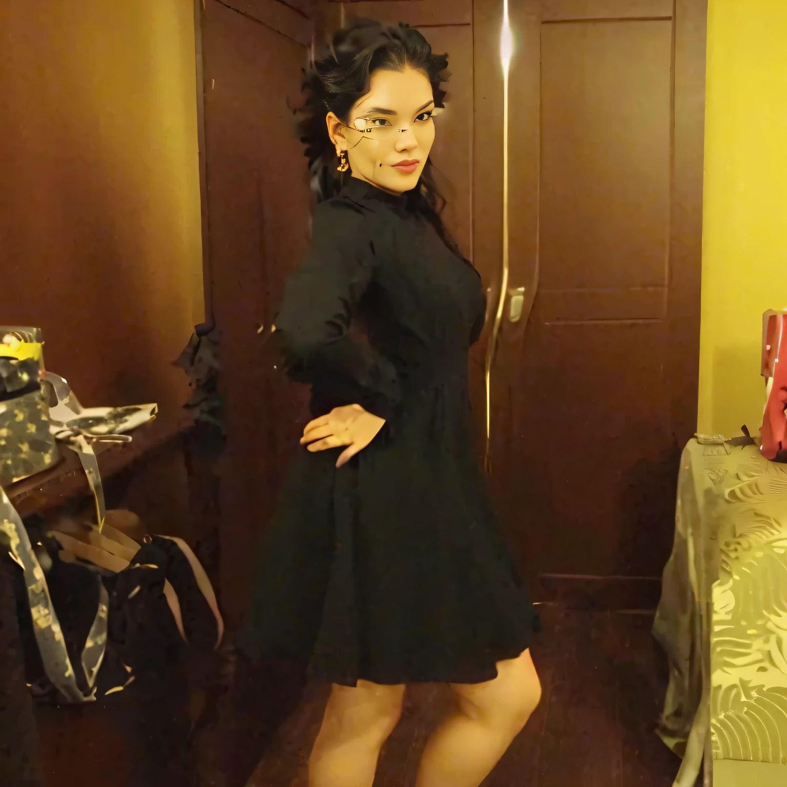 there is a woman standing in a room with a suitcase, wearing black dress, wearing a black dress, she is wearing a black dress, full pose, pose 1 of 1 6, full body length shot, full body wide shot, wearing a dark dress, doing a sassy pose, side pose, standing and posing elegantly, full body shot!!, posing!!