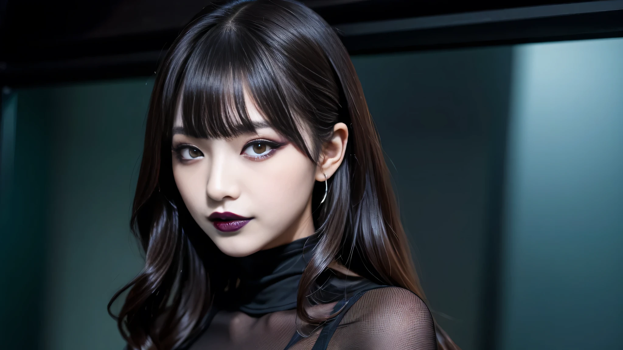 best quality、ultra-detailed、4k、Japanese、Seductive beauty、seductive adult woman、Pretty Woman、cool girl、Villainess、Brainwashed、brainwash、Fallen into evil、smirk、Evil look、Wicked Smile、evil、Brown hair、wavy hair、swept bangs、dark makeup、dark makeup、piercing eyes、hollow eyes,half-closed eyes、Hollow Eyes、purple Eyeshadow、black lipstick、black lipglos、pantyhose、night、inside darkroom、Are standing、shoot from below、Have lipstick、Emblem of Evil、Crest of Darkness、Swear allegiance、I have pledged my allegiance、Dye black、Blackening、Stained with evil、Dyed in darkness、Seduce