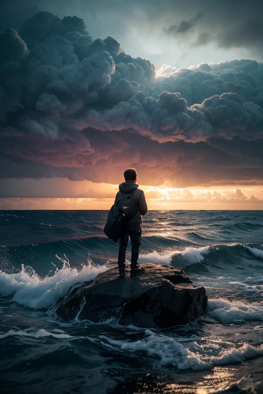 a young boy silhouetted against a sunset over an atoll island, a plush baby bird by his side, ominous storm clouds approaching, dramatic lightning in the sky, (best quality,4k,8k,highres,masterpiece:1.2),ultra-detailed,(realistic,photorealistic,photo-realistic:1.37),dramatic lighting,cinematic composition,breathtaking scenery,serene atmosphere,vibrant colors,moody sky,turbulent weather,detailed textures,intricate details