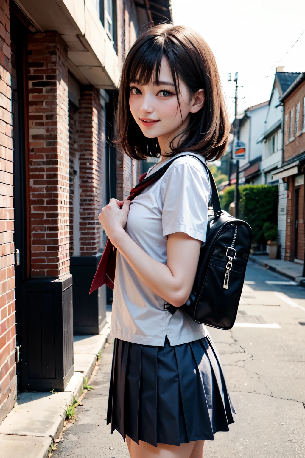 very cute and beautiful girl,(highly detailed beautiful face),(smile:1.2),blush,happy,looking at viewer,
black hair,serafuku,(pleated navyblue mini skirt),standing,holding school bag,
town street,front of brick wall,pink building,
(best quality,masterpiece),absurdres,highres,ultra-detailed,extremely detailed,32k,8k resolution,
intricate details,cinematic scene,detailed background,solo,dynamic angle,