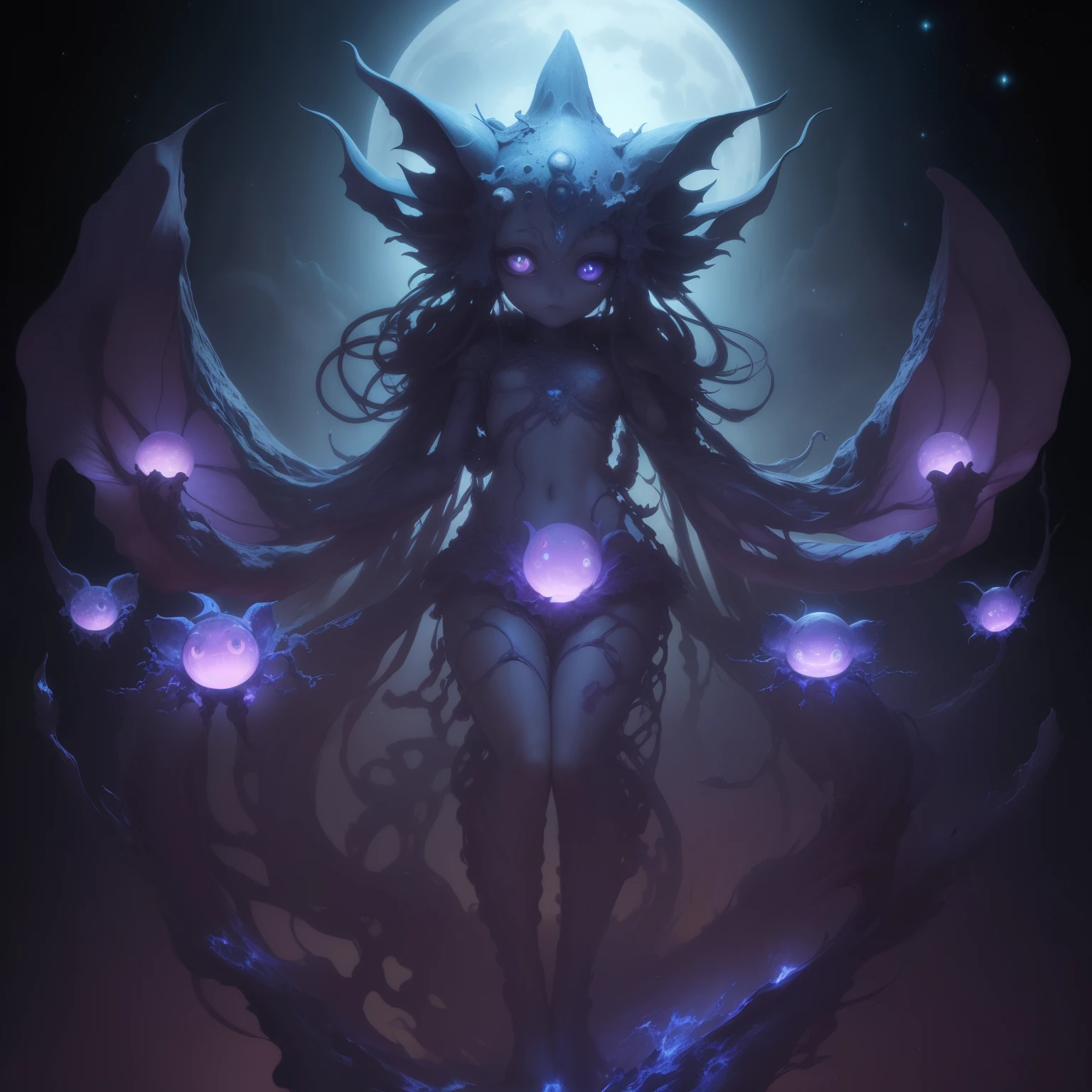 Digital art, surreal. A cute cerulean little ET monster with three eyes forming a triangle, six limbs with five joints, blobbish body covered with bioluminiscent ruffled nuddles. He holds russet paddles with two limbs,baby, Flotating round ultraviolet leaves and pink lotus flowers with laser beams. Night, dark, silver moon on different phases on the sky, alien landscape. Colourful palette.
Illuminated by moonlight,
Great angular, deep depht of field, highly detailed,female,fantasy art 8k,masterpiece,score_9,score_8,score_7,score_8_up,score_7_up,score_6_up, commentary,
,best quality, trending on artstation,six arms