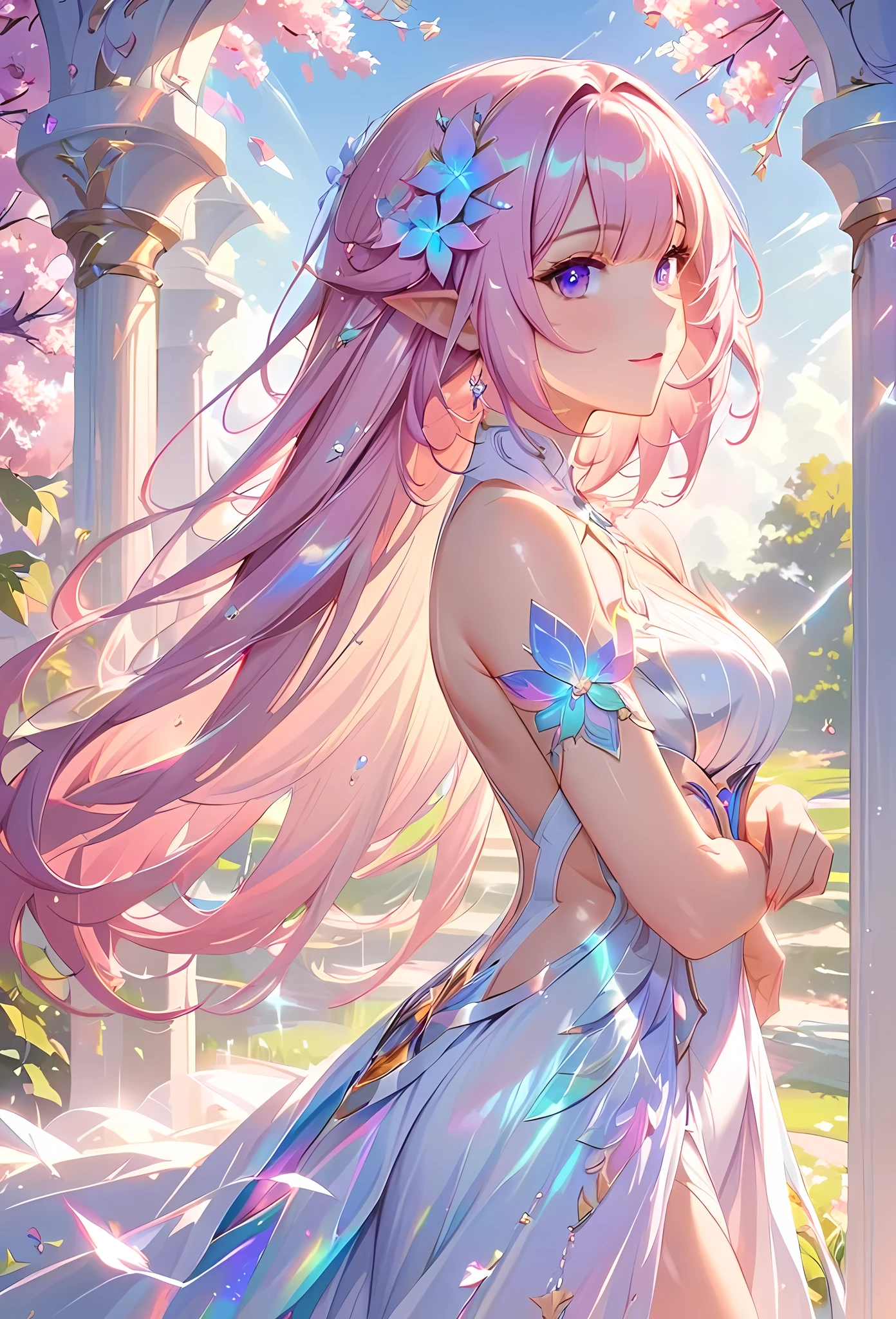 (best quality,4k,8k,highres,masterpiece:1.2),elysia,honkai impact,very long hair,ultra-detailed,realistic,wearing simple white goddess gown,morning of spring,sunlight reflection,body details,delicate,vibrant color palette,hourglass figure,elegant curves,polished surface,delicate engravings,effects of light and shadow,subtle reflections,shimmering surface,sparkling gemstones,flower petals falling,springtime essence,ethereal atmosphere,peaceful garden background,serene ambiance,morning dew,soft sunlight filtering through trees,lush plant life,vividly colored blossoms,harmonious blend of nature and art,impeccable craftsmanship,transcendent beauty,awe-inspiring artwork,long pink hair,purple eyes, pointed ears,time goddess next to floating hourglass, smiling