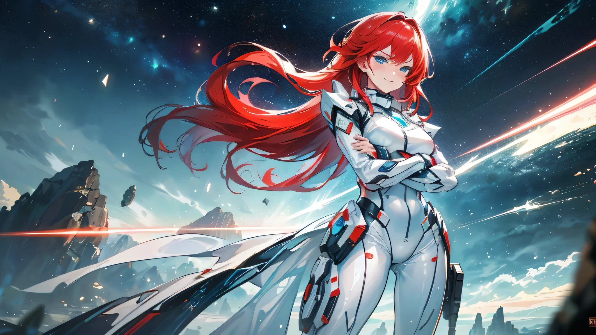 top-quality, masterpiece, high-detail, 4K picture quality, dynamic angle, (1 woman:1.2), (front view), (look at camera), girl with((white suit, glowing leather tight suit, medium breasts, beautiful shining blue eyes, smirk, naughty face, (red hair), longhair, (arms crossed-standing), (crossed arms))), action painting, gestural marks, dynamic brushwork, expressive motion, spontaneous technique, abstract expressionism, energetic compositions, background with((space battlefield))