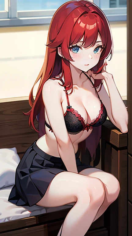 An anime girl with red hair and blue eyes wearing a skirt and an open shirt revealing a black and red bra