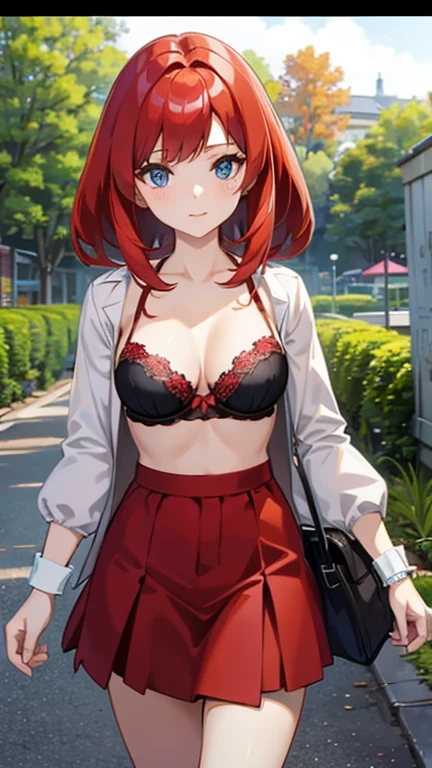 An anime girl with red hair and blue eyes wearing a skirt and an open shirt revealing a black and red bra