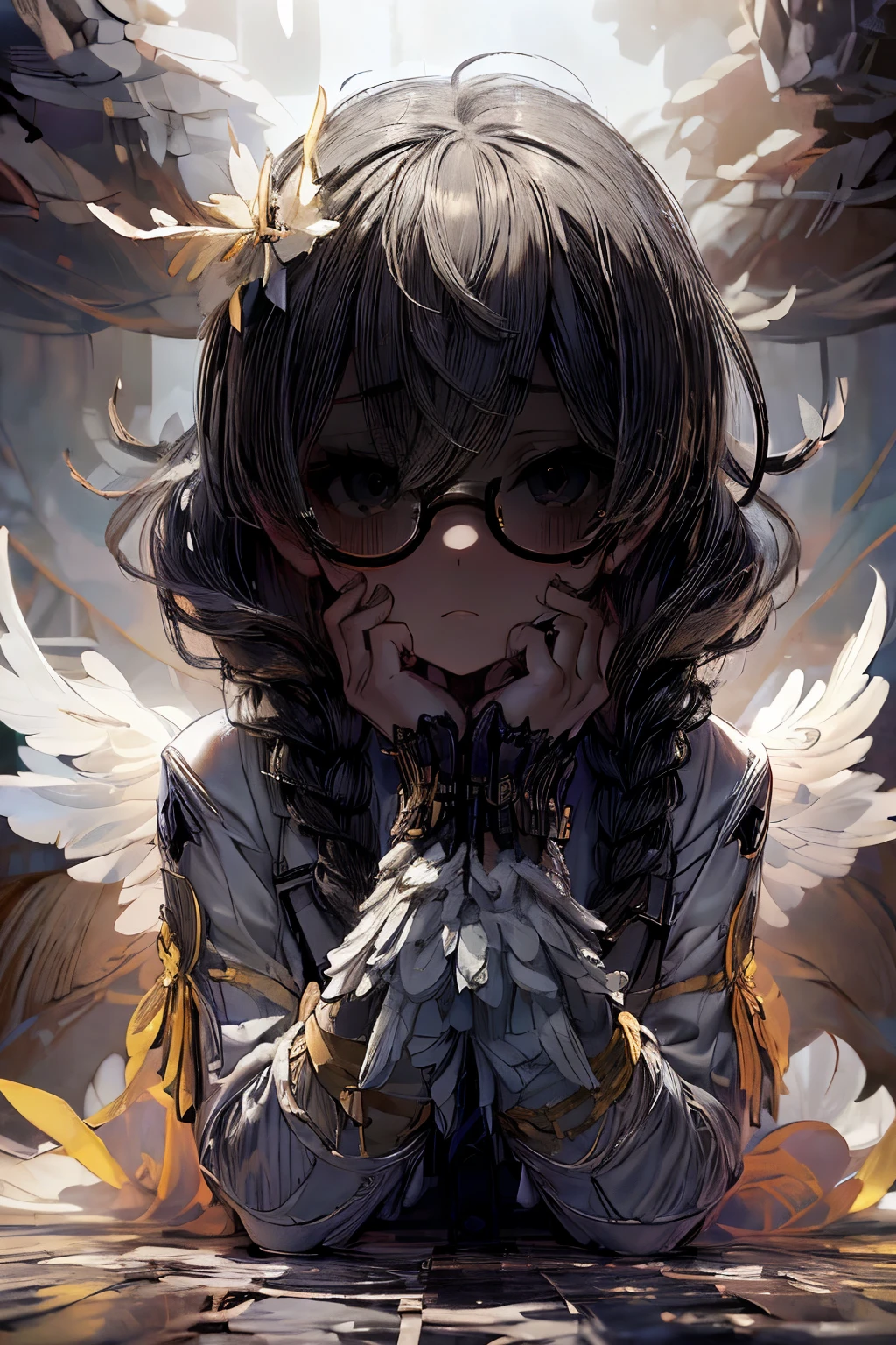 masterpiece, superfine illustration, best quality, 1girl, 1boy, pov, (penis), (handjob:1.5), chifuyuperson, (solo), (hair over eyes:1.3), glasses, (wings), angelic halo, cruel, serious, expressionless, emotionless, (very tired)