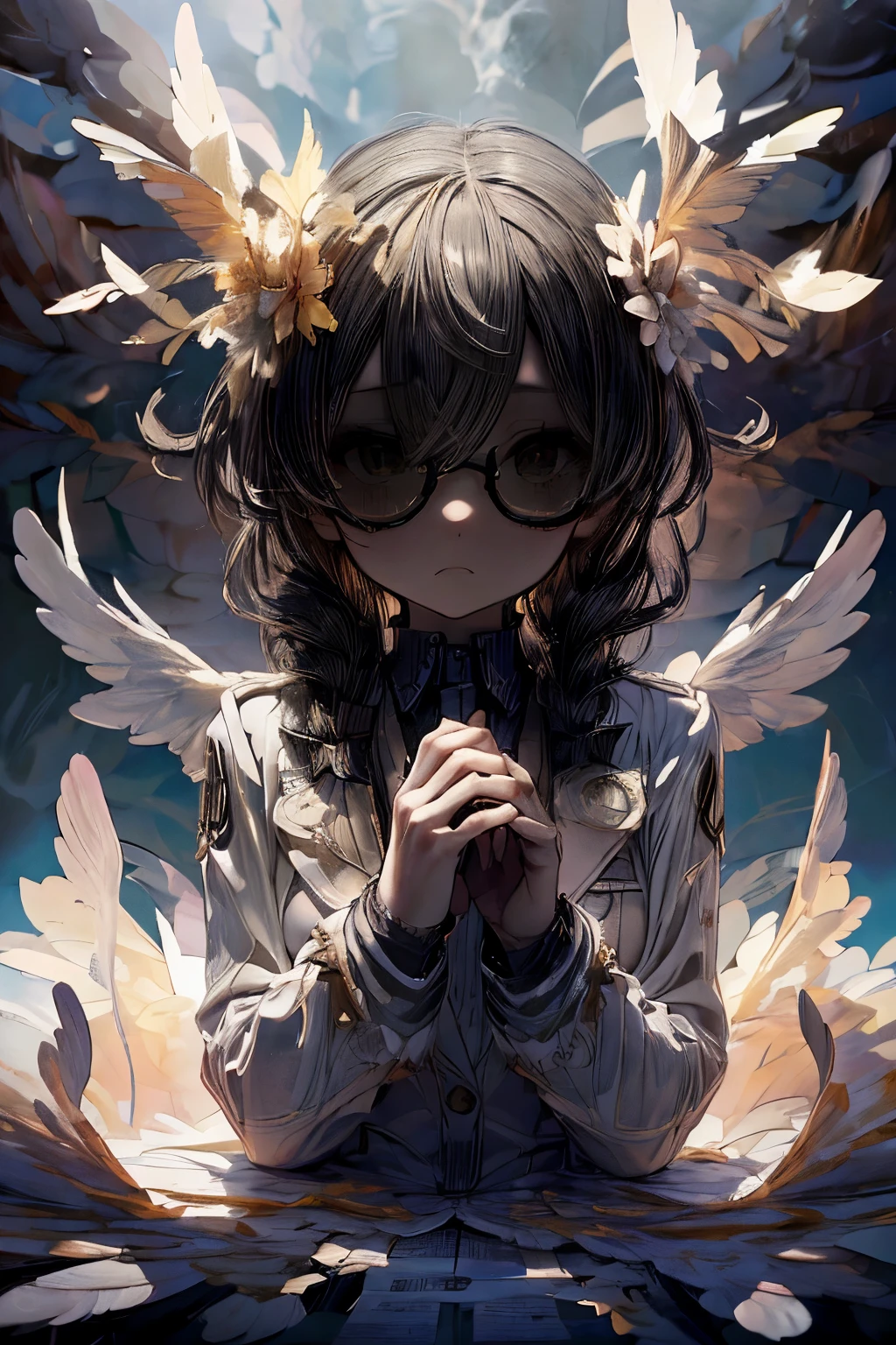 masterpiece, superfine illustration, best quality, 1girl, 1boy, pov, (penis), (handjob:1.5), chifuyuperson, (solo), (hair over eyes:1.3), glasses, (wings), angelic halo, cruel, serious, expressionless, emotionless, (very tired)