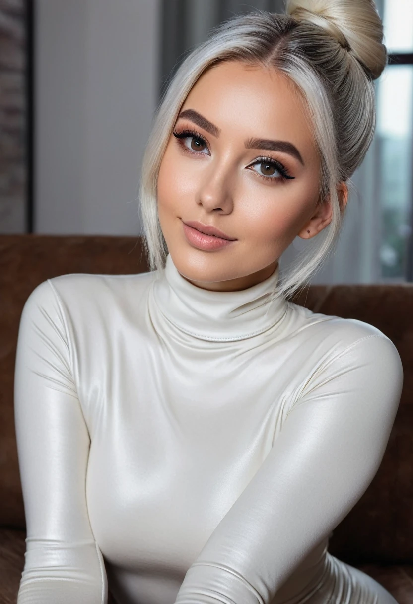 hyperrealistic beautiful busty 18-year-old women with long legs wearing bodycon leather turtleneck shirt and spandex leggins, model shooting full body photography, dyed white hair with classic bun, dark eye makeup with eyeliner, seductive smile, small necklace, 8K, Best quality, Meisterwerk, ultra high resolution, (Realismus: 1.4), Originalfoto, (realistische Hautstruktur: 1.3), (Filmkorn: 1.3), (Selfie-Winkel), 1 girl, Beautiful round hazel eyes and facial details, Meisterwerk, Best quality, relaxing on the couch