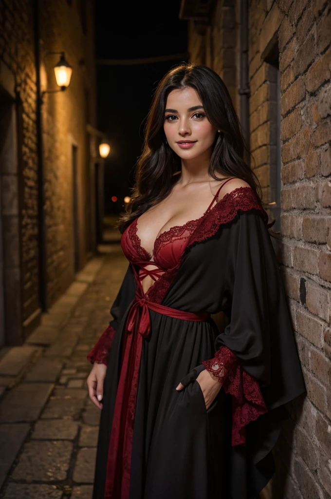Jeune femme de 25 ans, visage fin, cheveux long, yeux marrons, HD, 8K, masterpiece, sourire romantique, sexy, tenue de flamenco, mascara noir, robe rouge et noire, jupons, robe en tissu et en dentelle, tissu rouge et noir, dans uen ruelle espagnole, de nuit, string rouge, ventre apparent