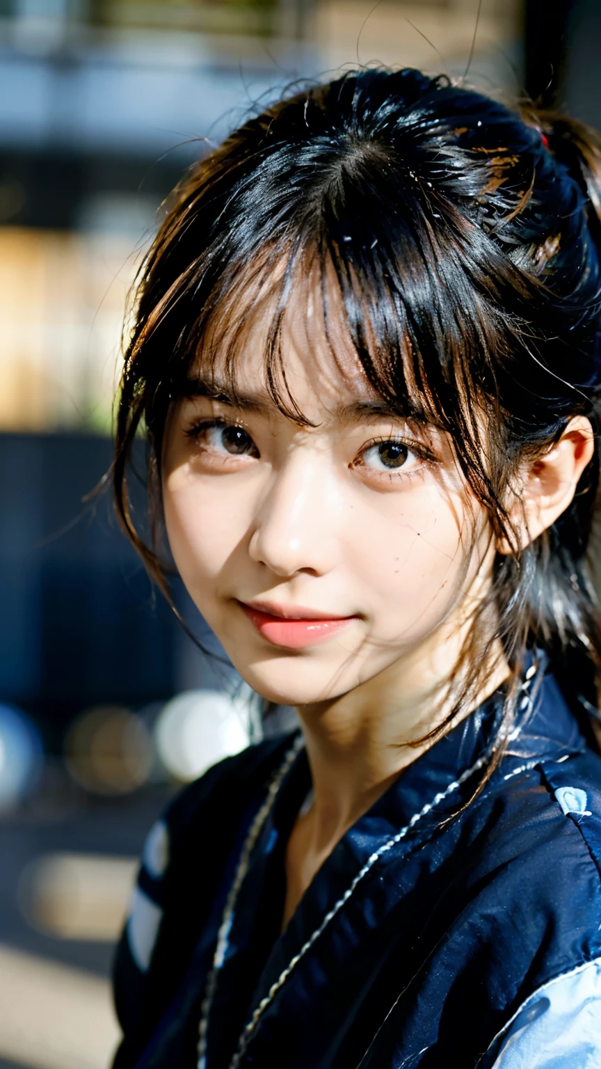 (highest quality,masterpiece:1.3,Ultra-high resolution),(Very detailed,Caustics,8k),(Realistic:1.4,RAW shooting),18-year-old,Japanese,cute,Black short ponytail,I'm looking at the camera with a smile on my face,forward leaning posture,Waist up shot,(Face Focus:1.1),(Face close-up:1.1),(Low position::1.3),(Low Angle::1.3),blue sky,Natural light