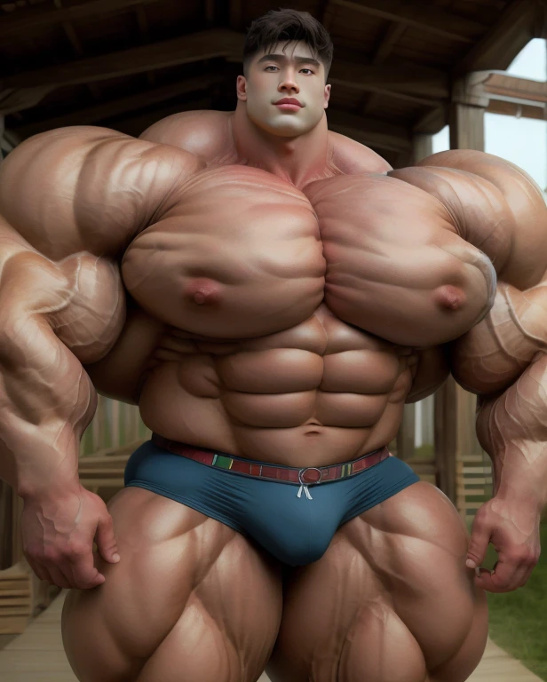 1 asian daddy, handsome, giant, buzz haircut, model shoot style, looking at camera, standing up, cool ambiance, outdoor, large dry meadows, strong body, bulk, naked, wear prominent bulge latex underwear, bulge, big, brutalmass, giant, muscular body, bulk, massive body, large meaty body size, brown skin, huge arms, ballooning meaty chests. Realistic, intricate detail