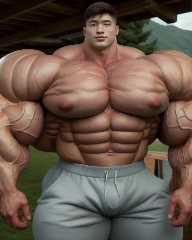 1 asian daddy, handsome, giant, buzz haircut, model shoot style, looking at camera, standing up, cool ambiance, outdoor, large dry meadows, strong body, bulk, naked, wear prominent bulge latex underwear, bulge, big, brutalmass, giant, muscular body, bulk, massive body, large meaty body size, brown skin, huge arms, ballooning meaty chests. Realistic, intricate detail